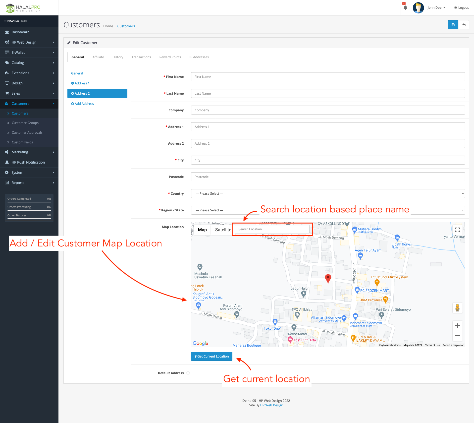 set customer map location upon add or edit address via opencart admin dashboard